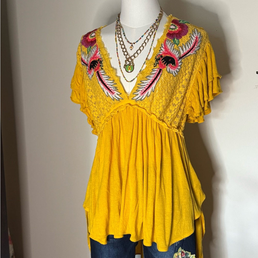 Free People Embroidered Yellow Women's Top